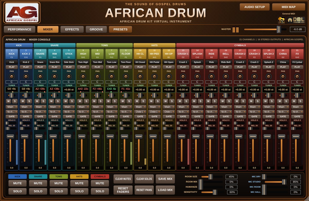 Mixer do African Drum com 21 canais, tuner em cada canal e faders de microfone